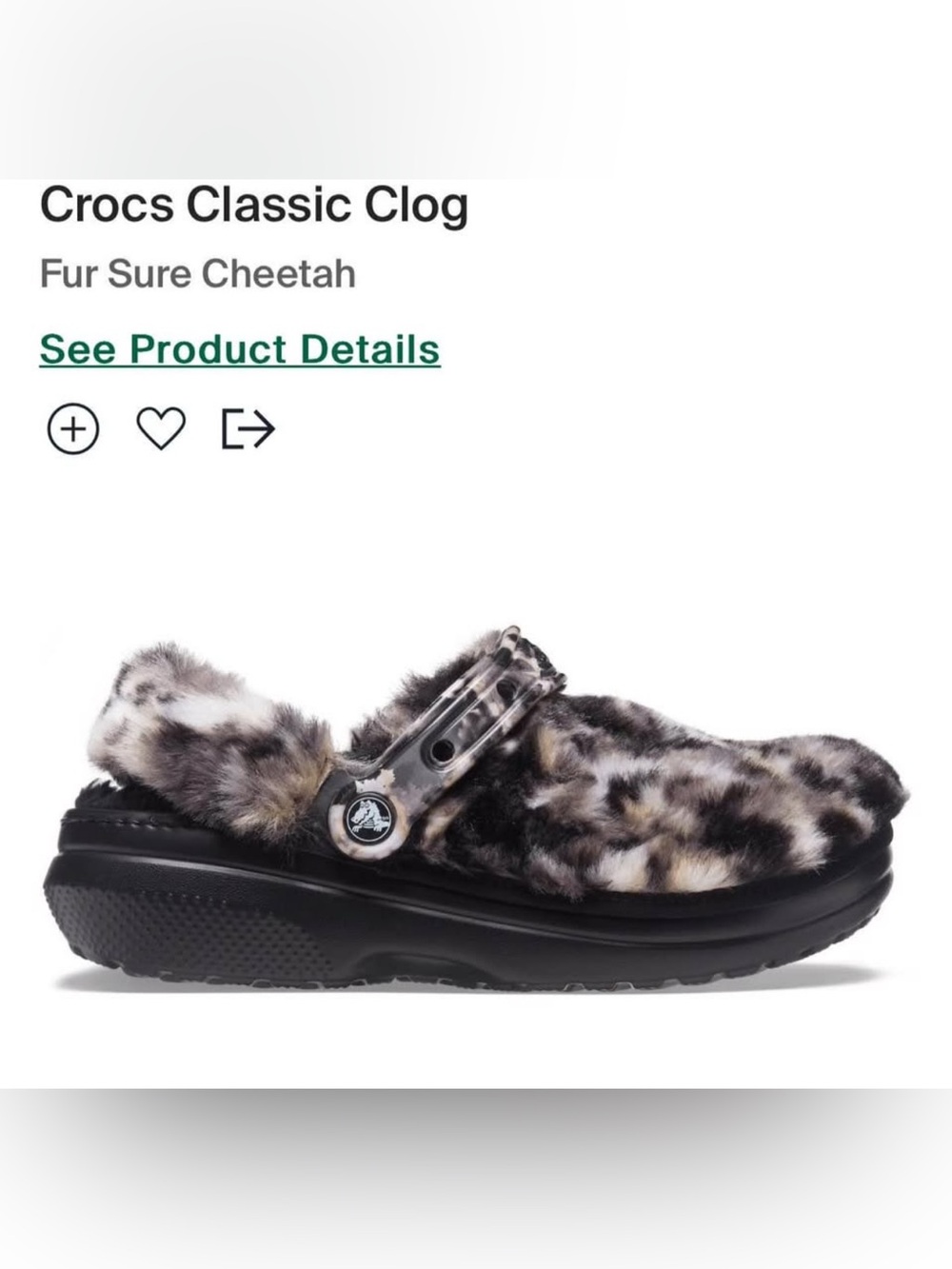 Sz 7 CROCS FUR SURE CHEETAH FAUX FUR CLASSIC CLOG Black & Gray